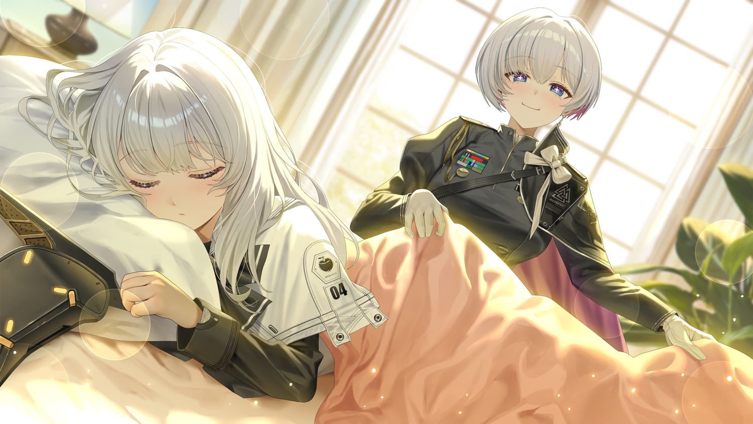 2girls, bed, bow, gloves, goddess_of_victory:_nikke, gray_hair, liliweiss_(nikke), long_hair