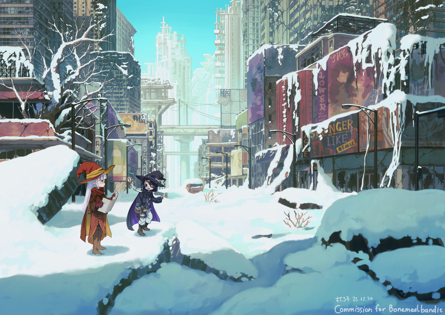 2girls, boots, building, cape, car, city, eyepatch, ilyana, loli, long_hair, original, paper, pointed_ears, ruins, scenic, short_hair, signed, suteruko, tree, valkrana, white_hair, winter, witch