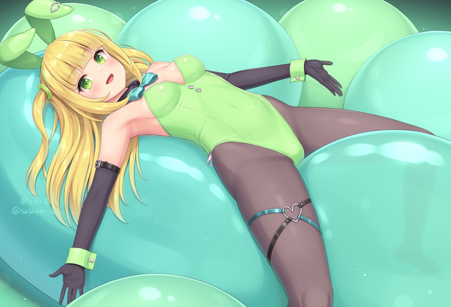 animal_ears, blonde_hair, bunny_ears, elbow_gloves, garter, gloves, green, green_eyes