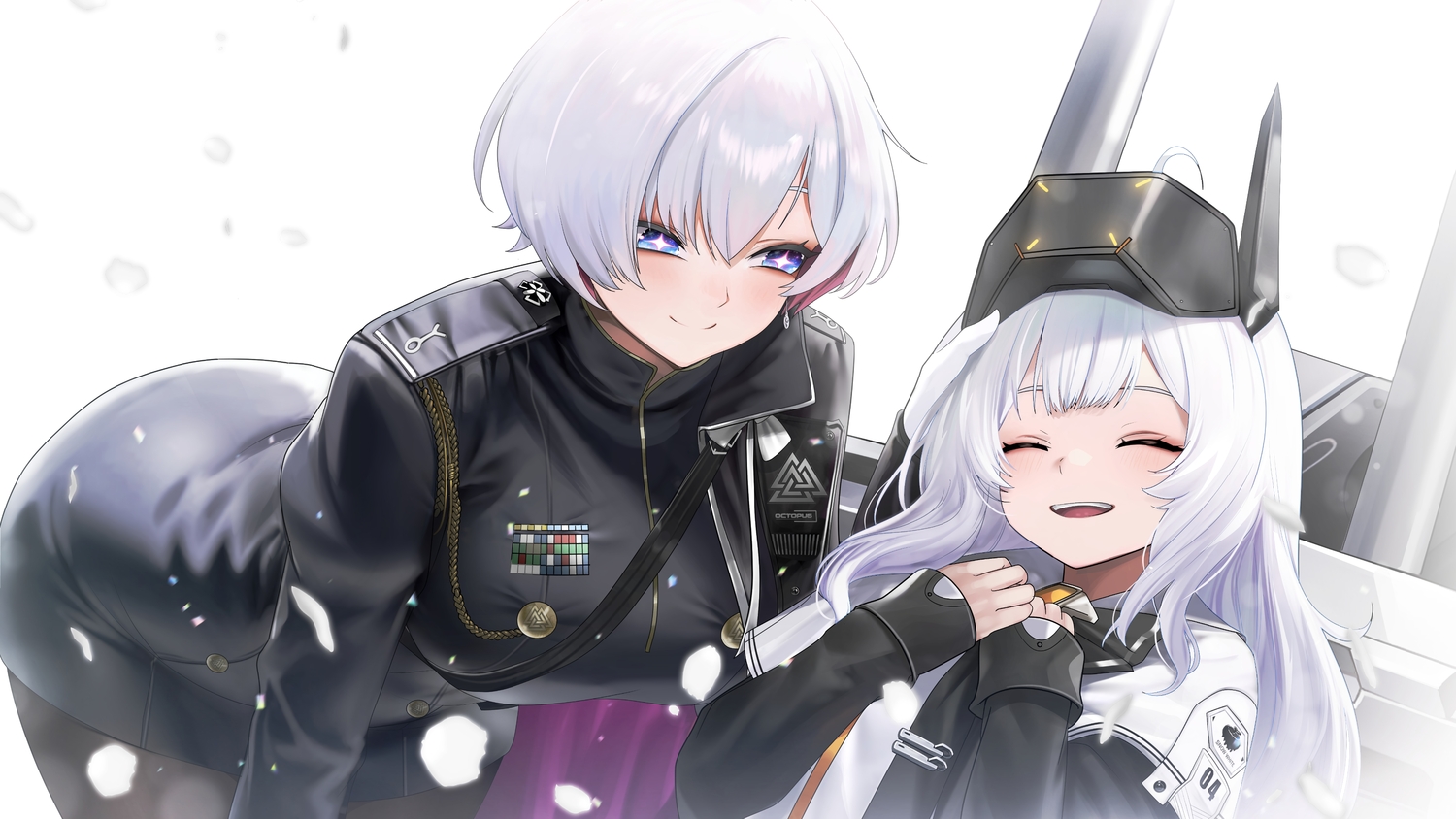 2girls, blue_eyes, bow, gloves, goddess_of_victory:_nikke, liliweiss_(nikke), loli, long_hair