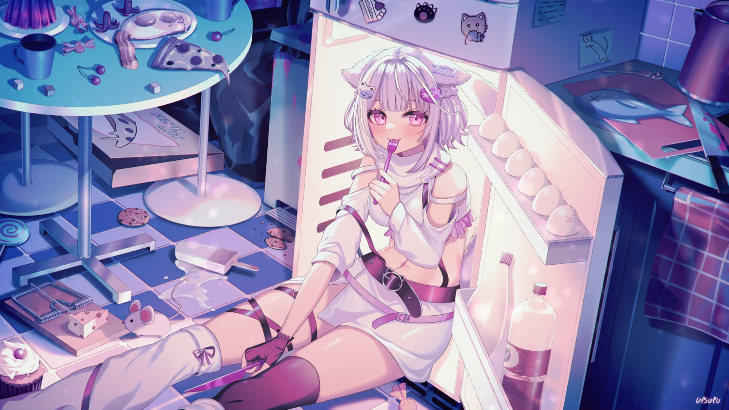 animal, animal_ears, blush, braids, cake, candy, catgirl, cat_smile