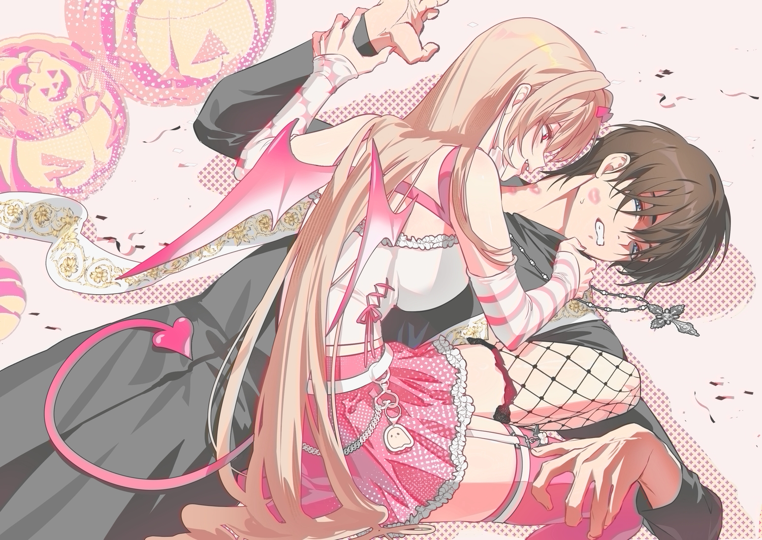blonde_hair, brown_hair, candy, commander_(nikke), cross, fang, goddess_of_victory:_nikke, halloween