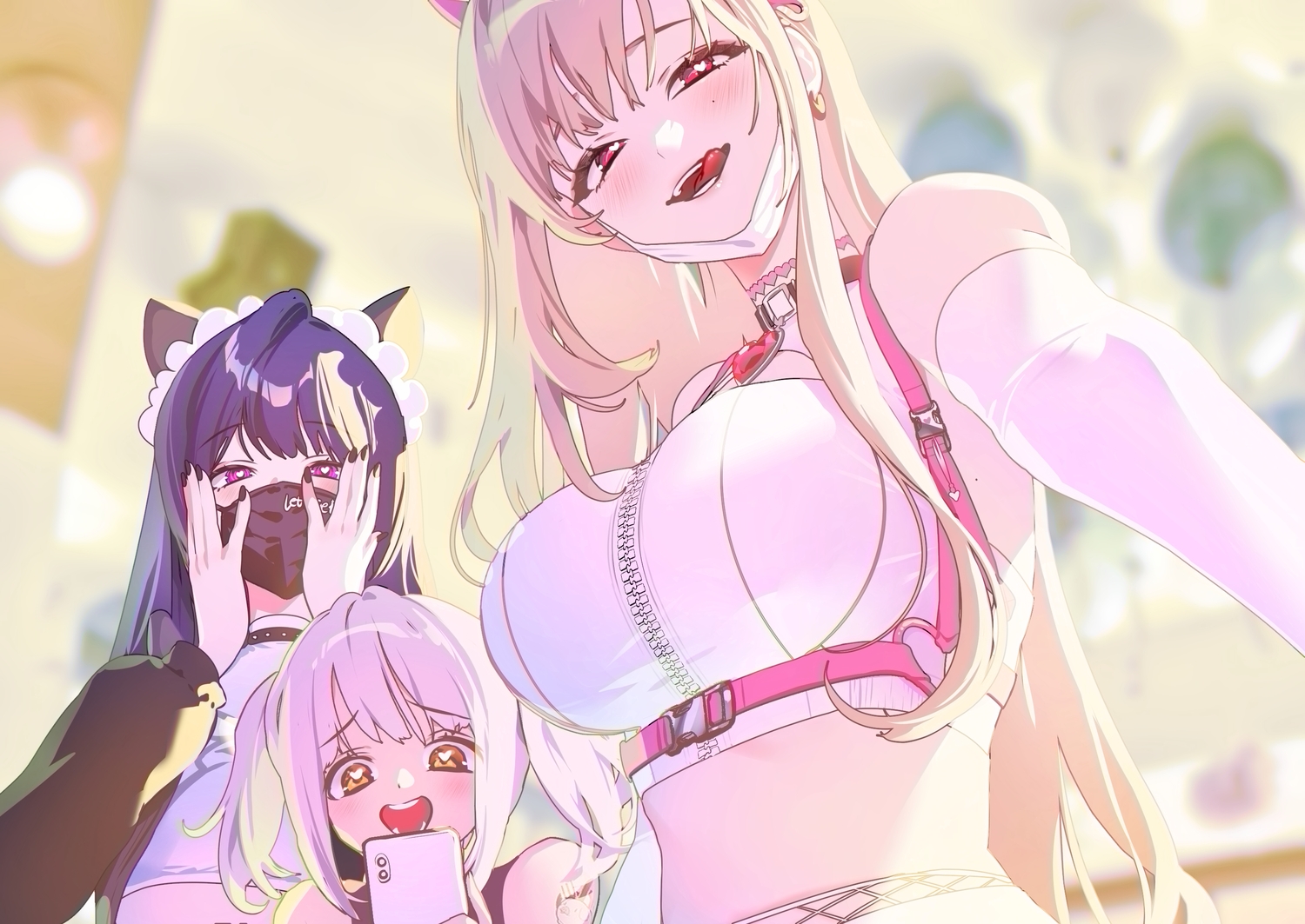 animal_ears, belorta_(nikke), blonde_hair, blush, camera, choker, close, collar, elbow_gloves, gloves, goddess_of_victory:_nikke, headdress, horns, laejjo, long_hair, mask, phone, purple_eyes, purple_hair, red_eyes, sin_(nikke), twintails, viper_(nikke), white_hair, yellow_eyes