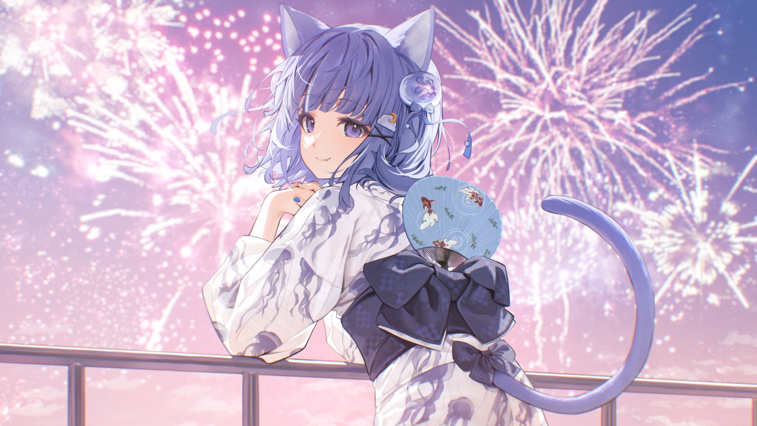 animal_ears, blue_eyes, blue_hair, blush, bow, catgirl, fan, fang