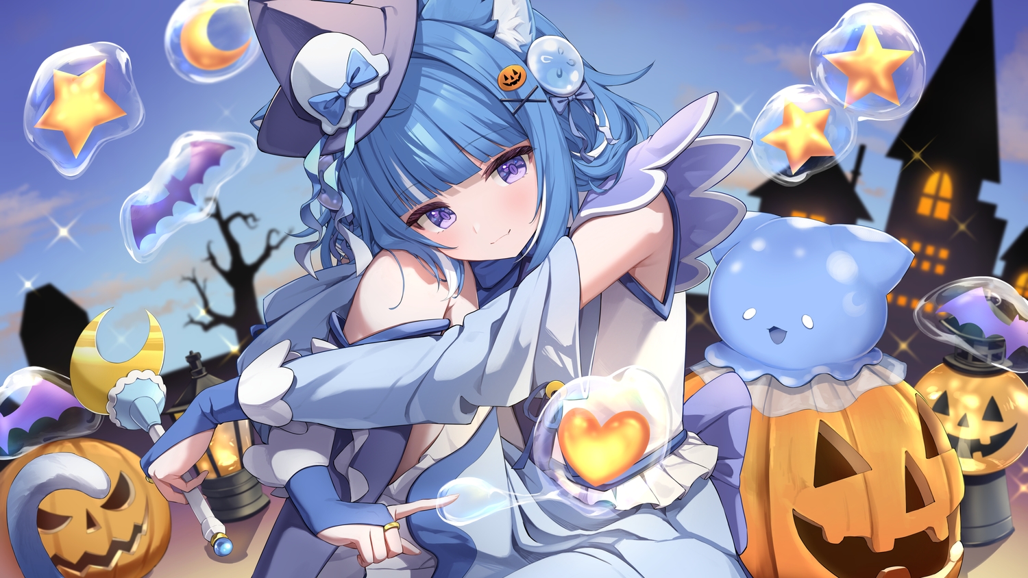 animal, animal_ears, bat, blue_hair, bow, bubbles, building, catgirl