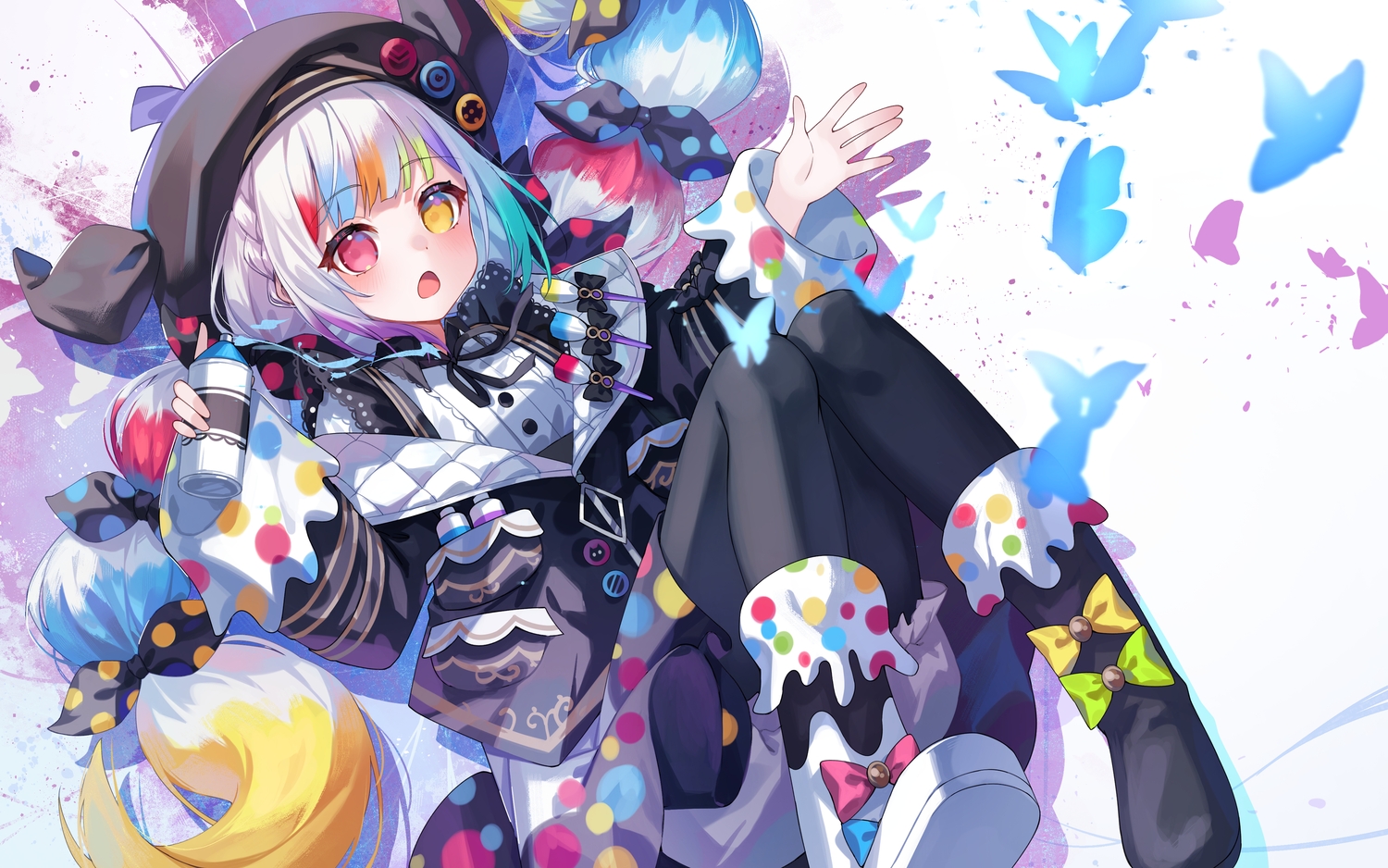 bicolored_eyes, bloomers, boots, bow, braids, butterfly, dress, hat, jogasaki_noah, long_hair, mahou_shoujo_no_majo_saiban, pantyhose, shinkai_kokoa, twintails, white_hair