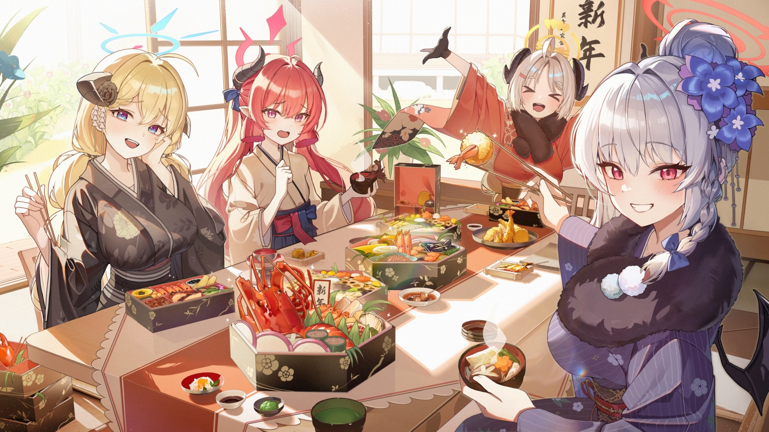 akashi_junko, blonde_hair, blue_archive, blue_eyes, bow, braids, demon, flowers