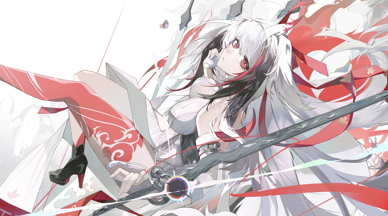 breasts, dress, gloves, long_hair, magic, red_eyes, sword, tattoo, tuzi_yan, weapon, white_hair, ye_shunguang, zenless_zone_zero