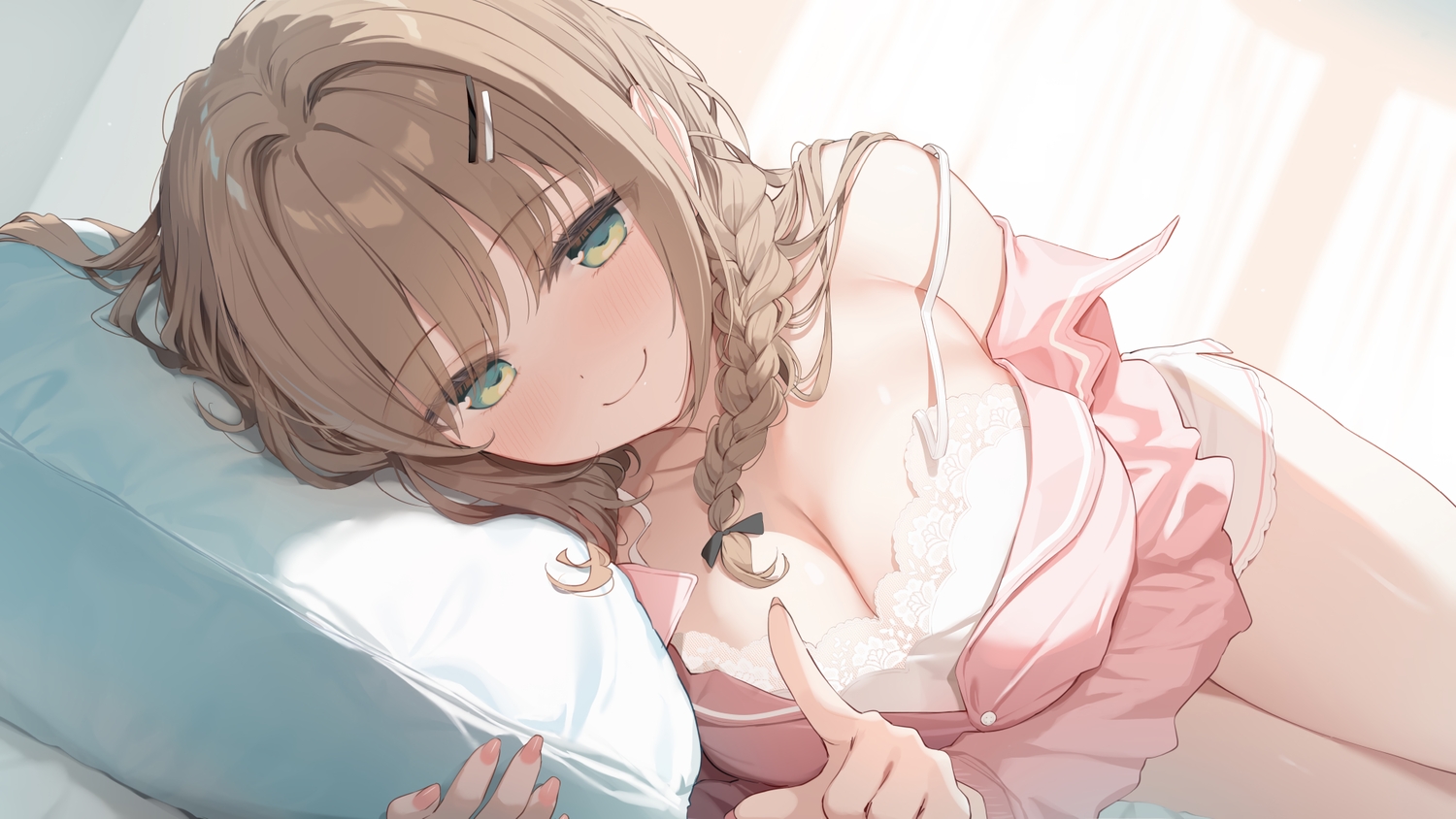 bed, blush, braids, breasts, brown_hair, cleavage, close, green_eyes, long_hair, nijihashi_sora, no_bra, original, pajamas, shirt, shorts, third-party_edit