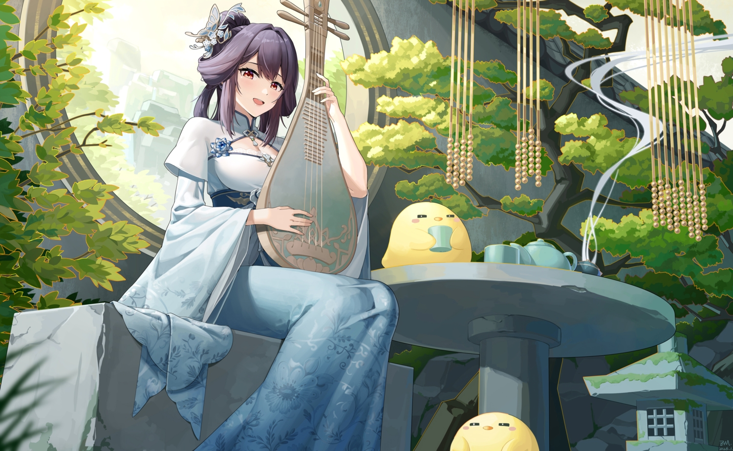 animal, anthropomorphism, azur_lane, bird, black_hair, blush, chen_hai_(azur_lane), chinese_clothes, dress, instrument, jfzm001, long_hair, manjuu_(azur_lane), red_eyes, signed, tree