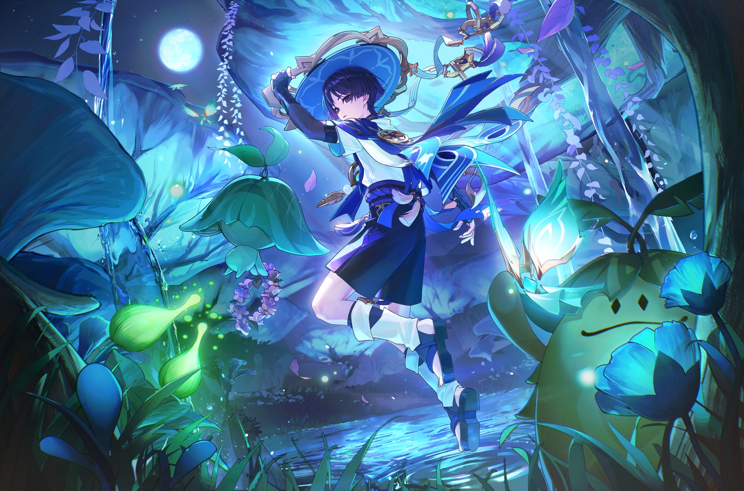 all_male, bibi_(obb_spl), black_hair, elbow_gloves, flowers, genshin_impact, gloves, grass