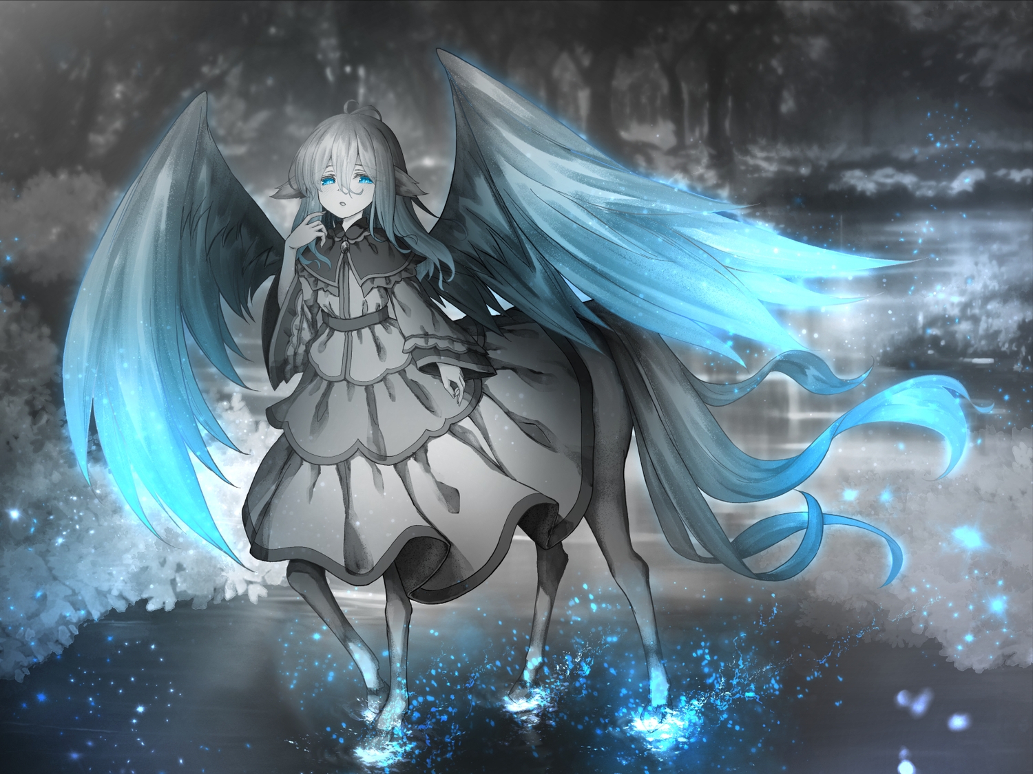 animal_ears, aqua_eyes, dress, forest, gray_hair, long_hair, original, polychromatic