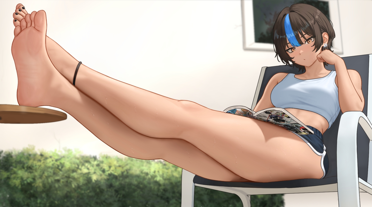 aliasing, barefoot, black_hair, book, brown_eyes, building, nihu, original, shiragi_(nihu), short_hair, shorts, sports_bra
