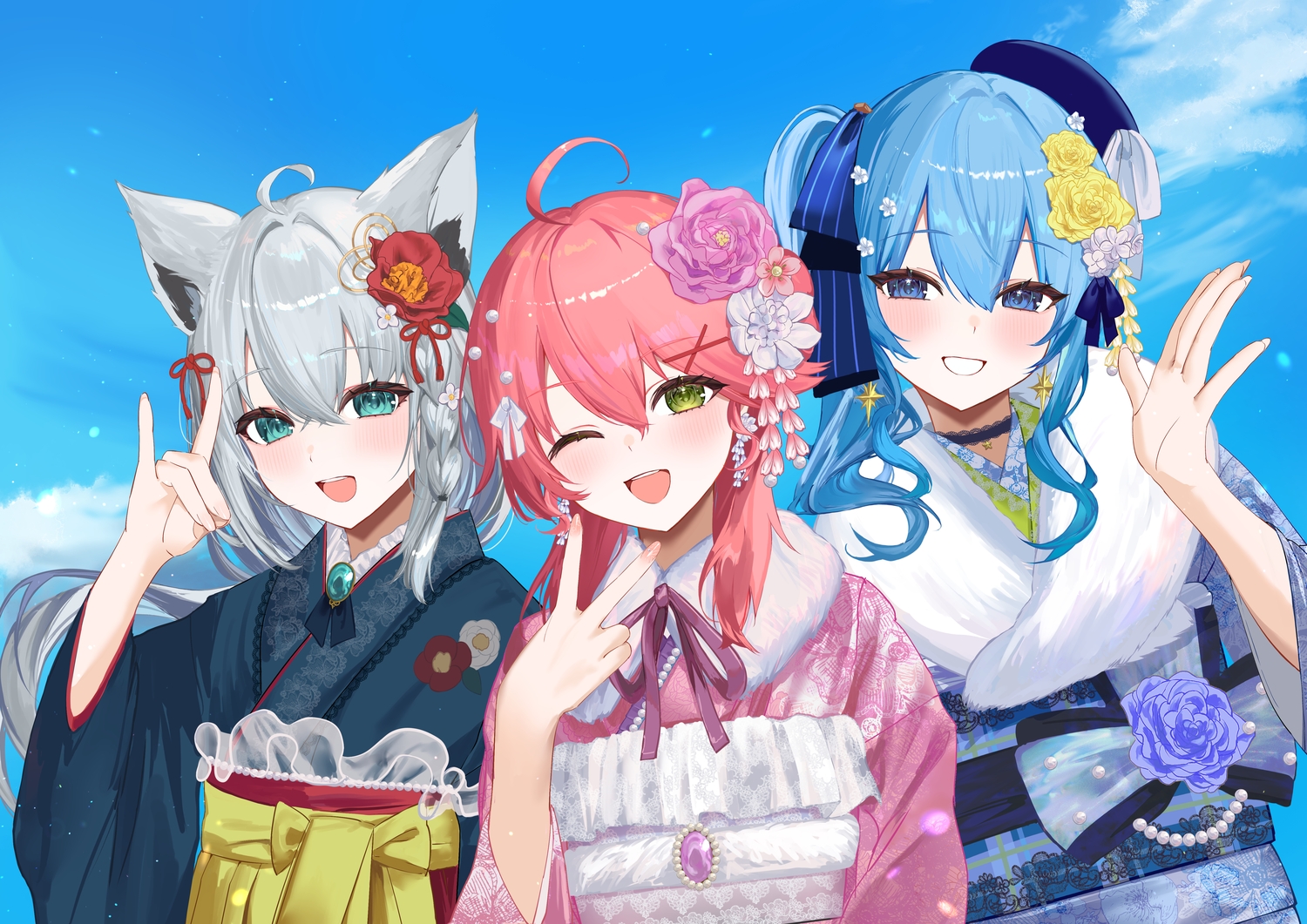 animal_ears, aqua_eyes, blue_eyes, blue_hair, blush, bow, braids, choker