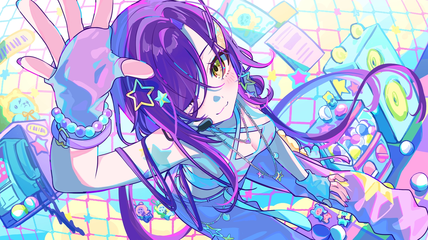 breasts, cat_smile, chain, cleavage, close, gloves, jiu_(jiwoo_owo9), long_hair