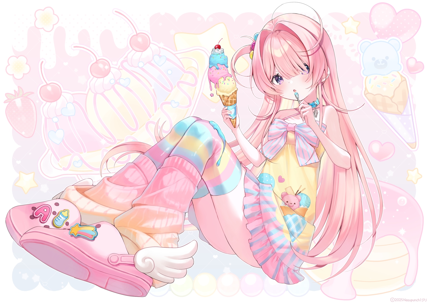 blush, bow, bunnyjiry_(jirynyang), cherry, collar, dress, food, fruit