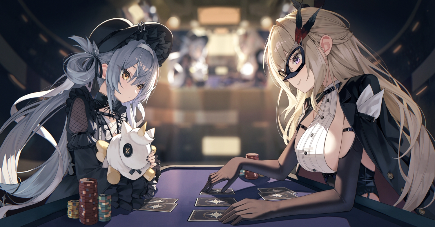 2girls, aliasing, blonde_hair, blush, breasts, cape, collar, doll