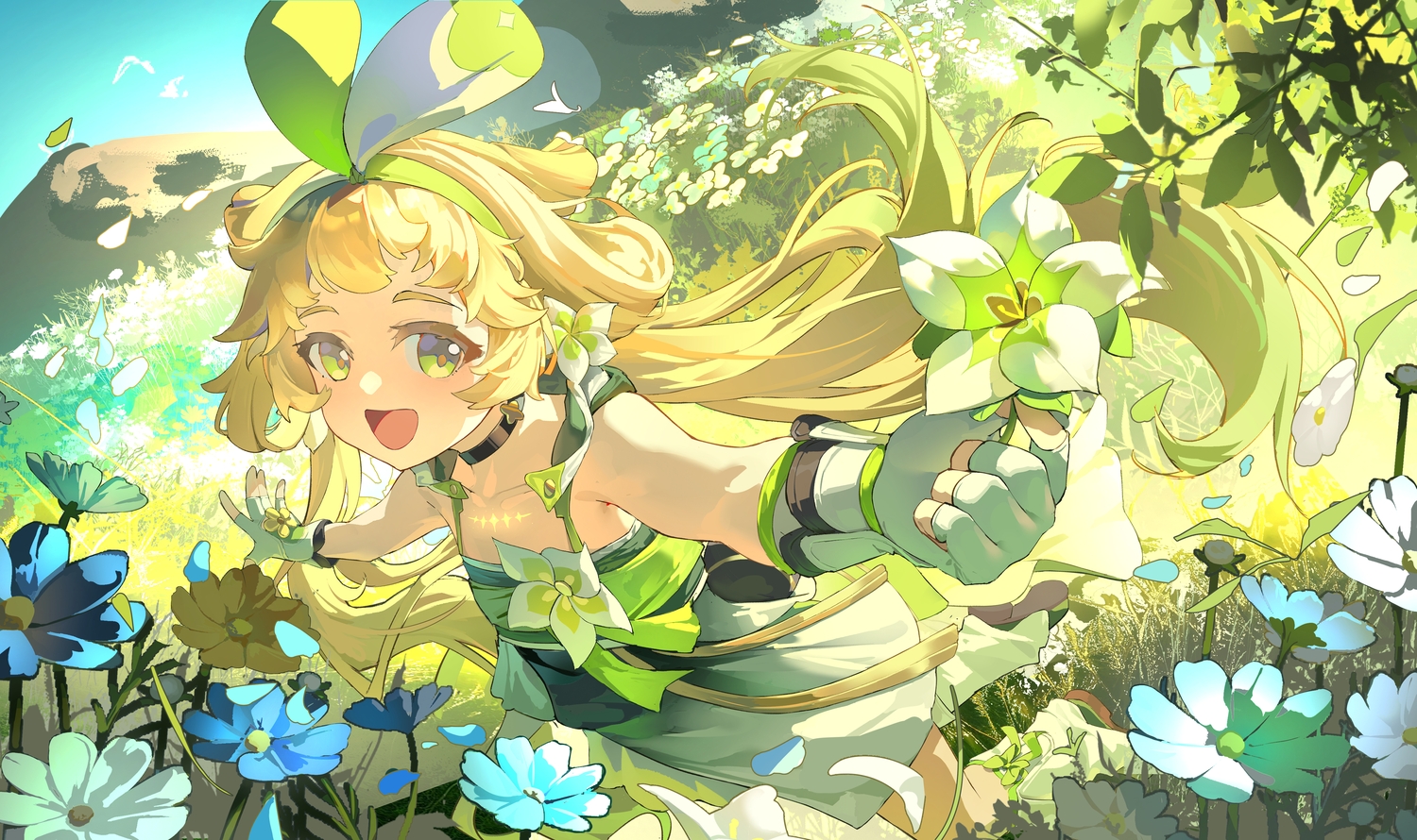 blonde_hair, choker, dress, flat_chest, flowers, gloves, green_eyes, headband