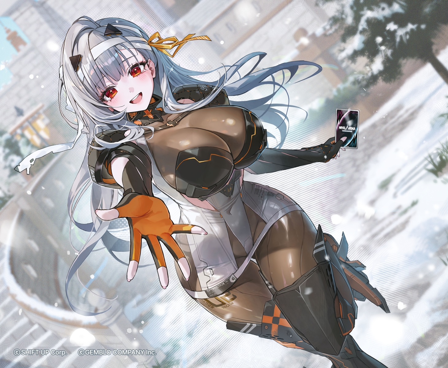 armor, bandage, blush, bodysuit, breasts, building, elbow_gloves, gloves