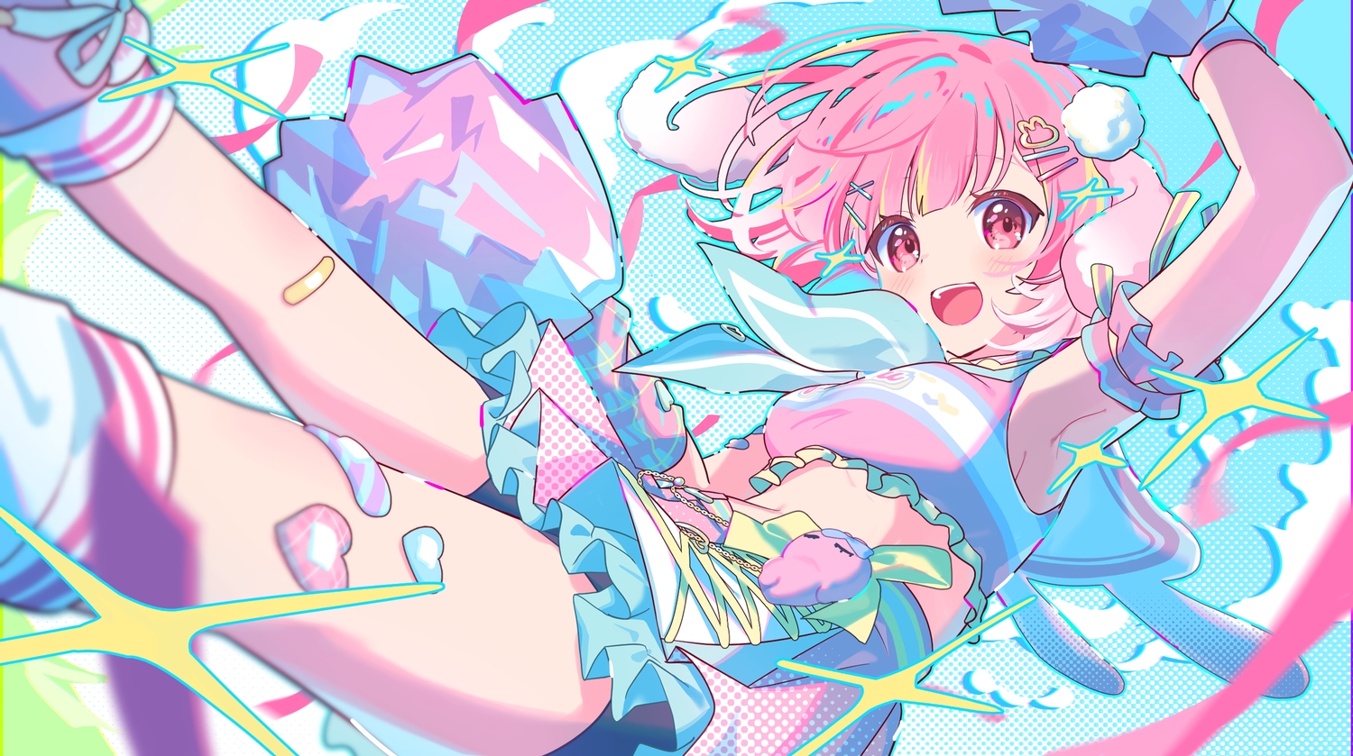 animal_ears, bandaid, bike_shorts, blush, bow, bunny_ears, cheerleader, jiu_(jiwoo_owo9), original, pink_eyes, pink_hair, shorts, skirt