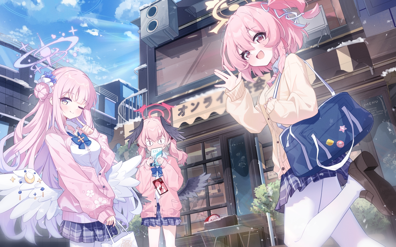 blue_archive, blush, bow, building, city, clouds, cross, exusiai_dust