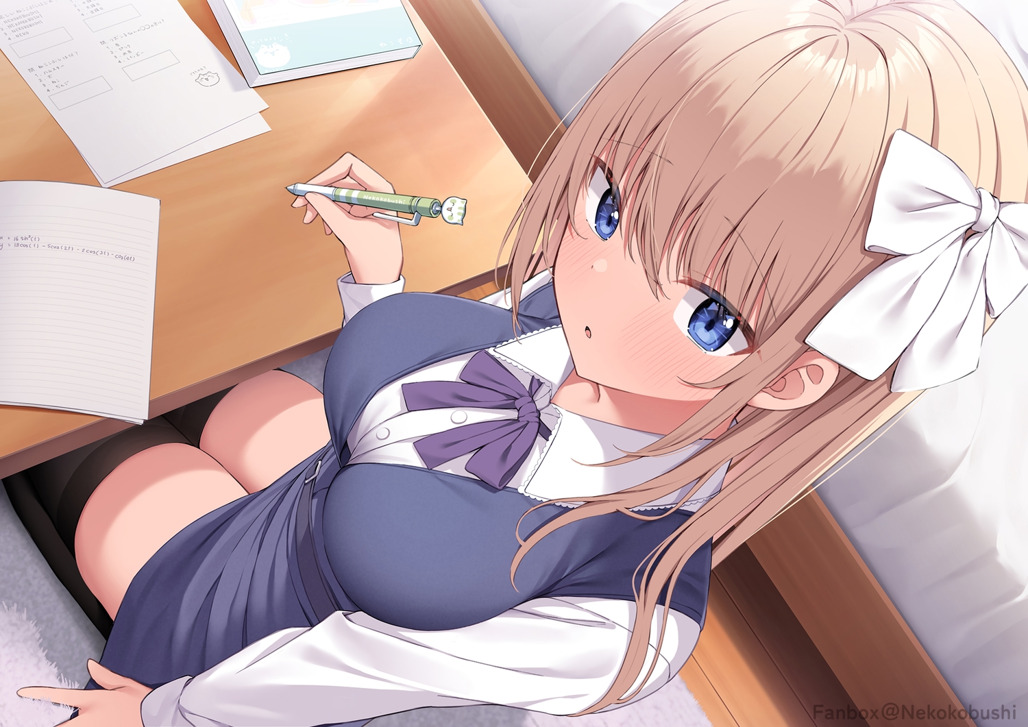 blonde_hair, blue_eyes, blush, book, bow, close, dress, long_hair, nekokobushi, original, paper, ribbonko-chan, shirt, thighhighs, watermark, zettai_ryouiki