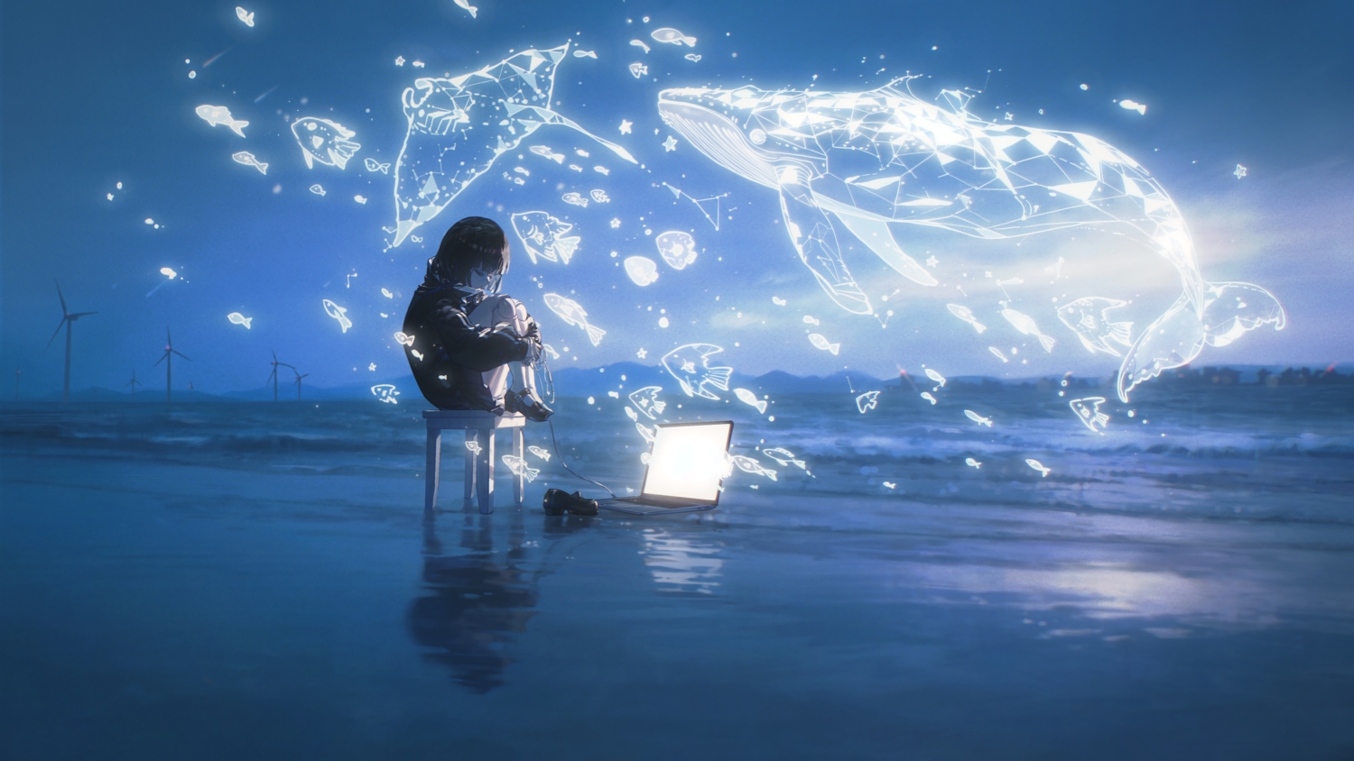 animal, blue, brown_hair, clouds, computer, doll, fish, reflection, skirt, sky, tagme_(artist), water, windmill