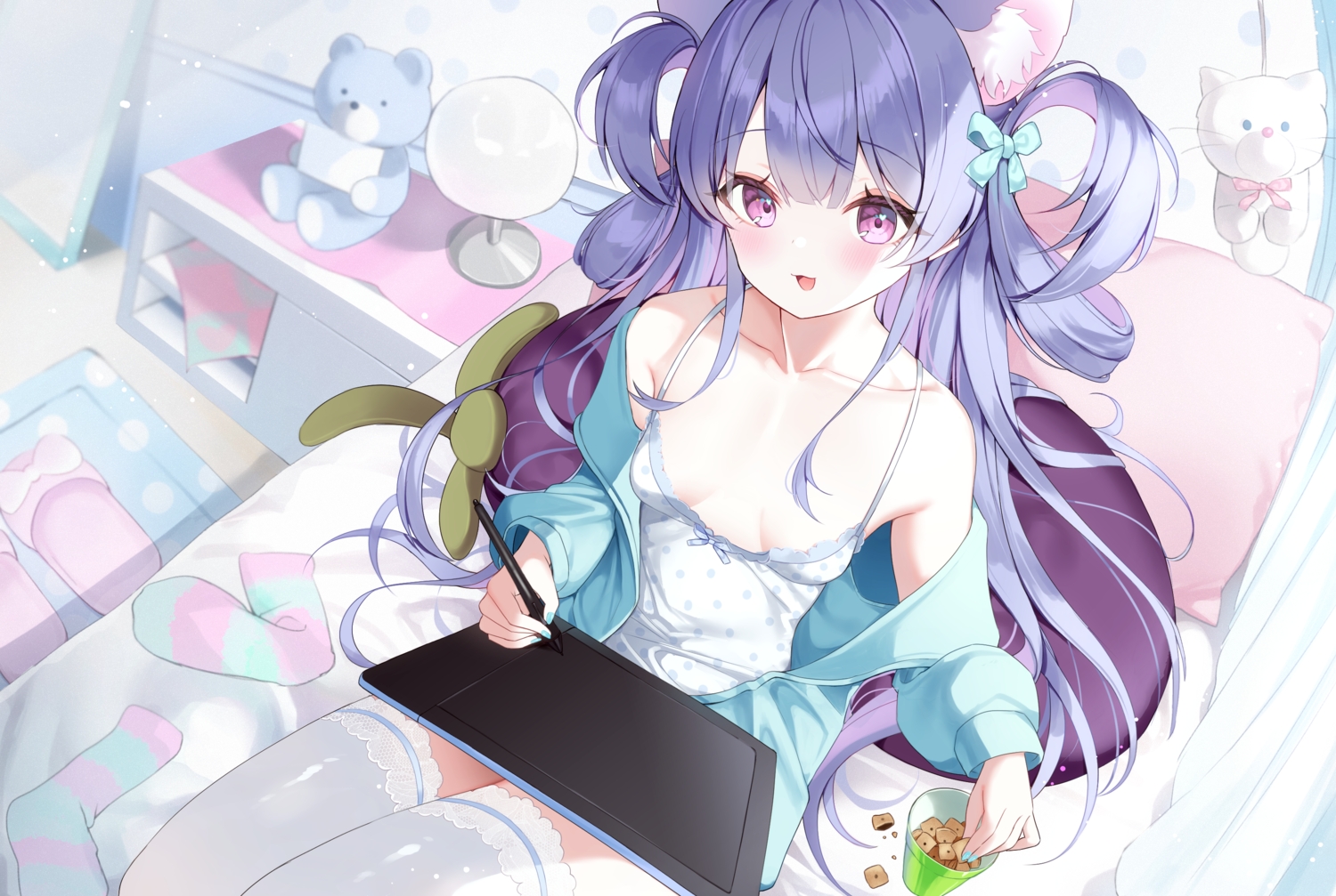 animal_ears, bed, blush, bunnyjiry_(jirynyang), cat_smile, computer, food, long_hair, no_bra, original, pajamas, purple_eyes, purple_hair, teddy_bear, thighhighs