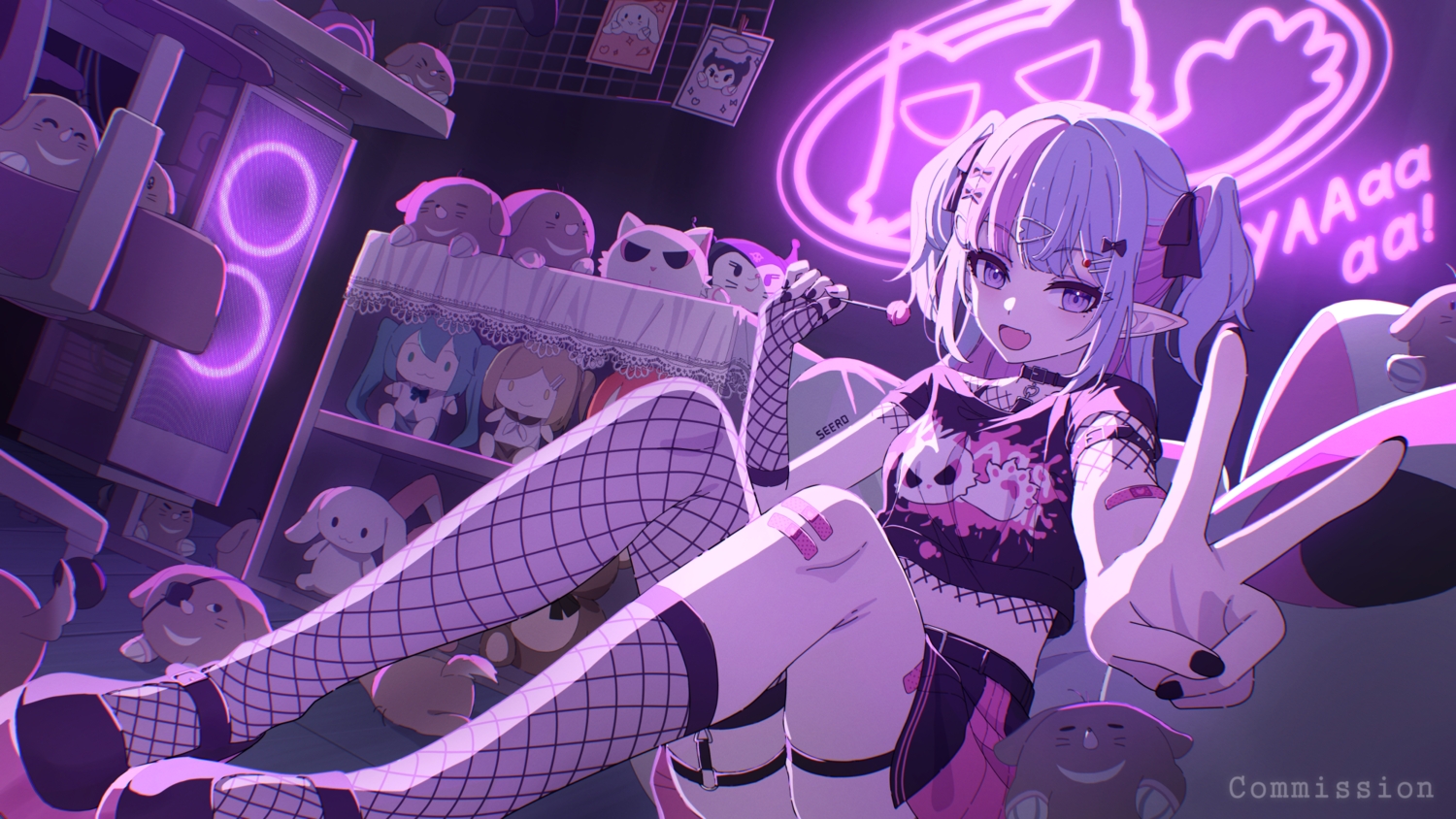 bandage, bow, candy, collar, fang, garter, gray_hair, kneehighs