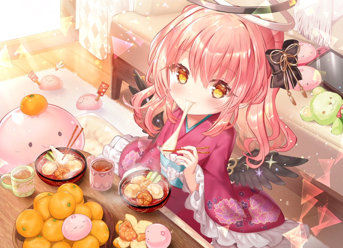 blush, bow, couch, datenchi_yua, drink, food, fruit, fuepo