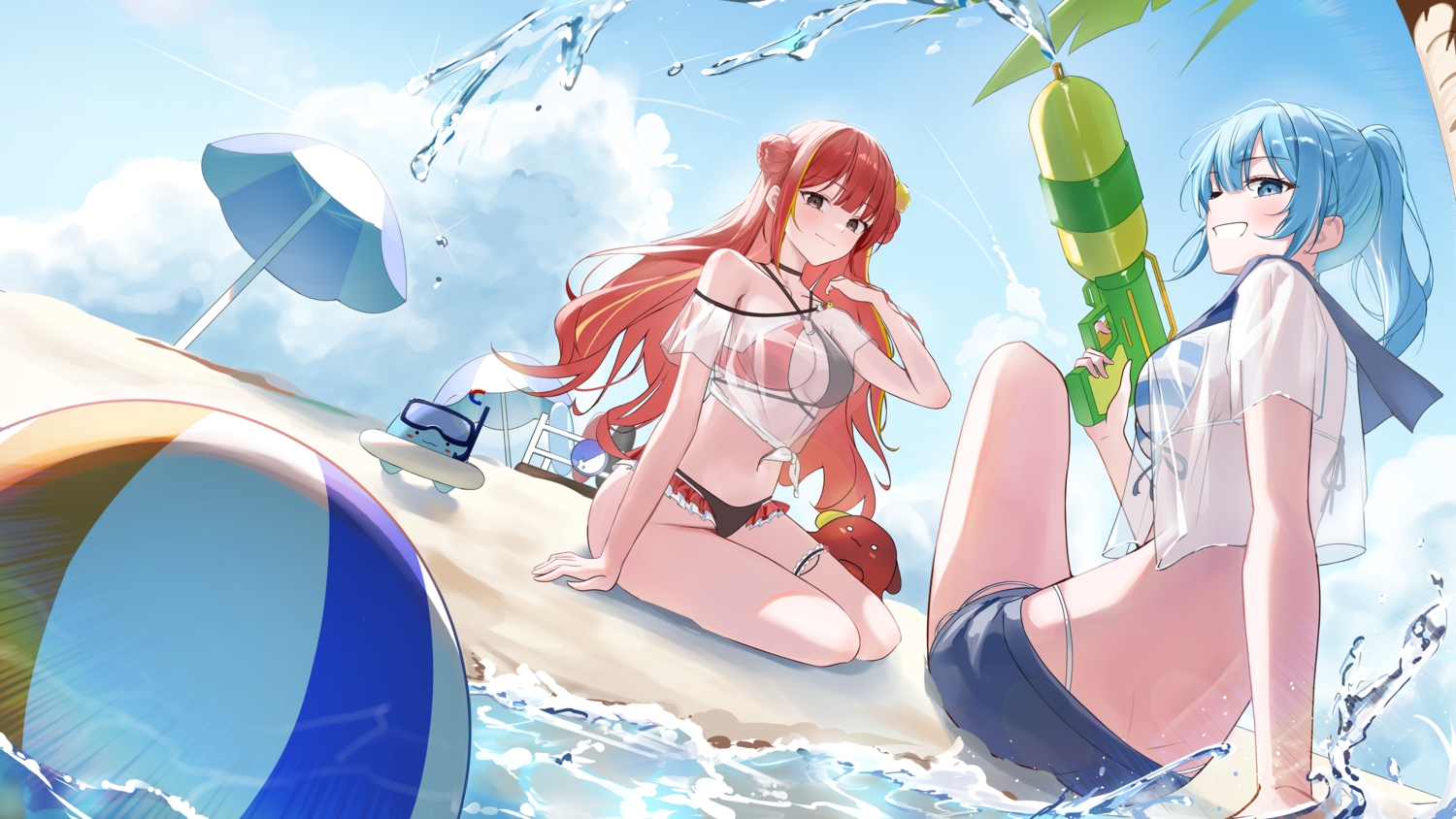 2girls, akane_lize, arahashi_tabi, ball, beach, bikini, black_eyes, blue_eyes, blue_hair, breasts, choker, cleavage, clouds, garter, gun, long_hair, ponytail, red_hair, see_through, shorts, sky, stellive, swim_ring, swimsuit, tsuyu_(yzxx7825), umbrella, water, weapon