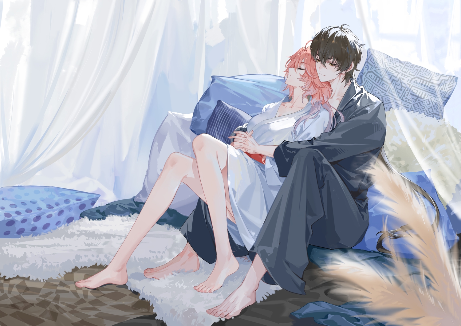 barefoot, black_hair, changli_(wuthering_waves), hug, japanese_clothes, long_hair, male, male_rover_(wuthering_waves)
