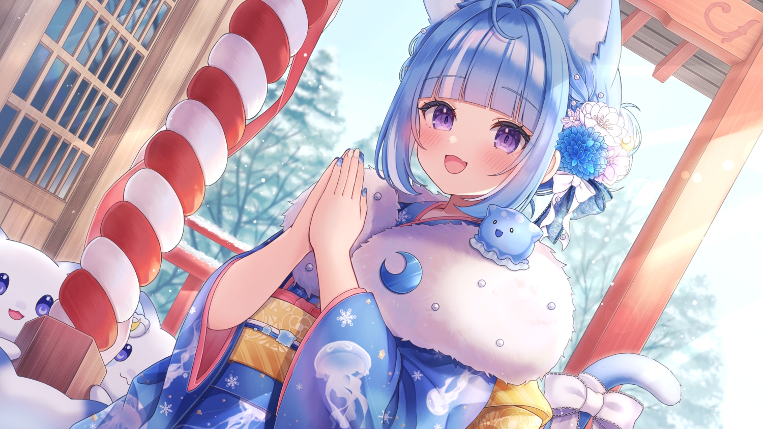 animal_ears, blue_hair, blush, botamochi_(botabutasan), bow, catgirl, close, fang