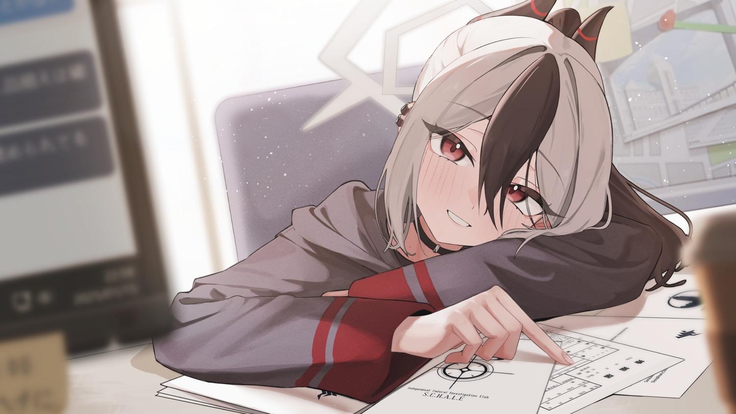 blue_archive, blush, choker, close, computer, gray_hair, halo, horns, long_hair, onikata_kayoko, paper, ponytail, red_eyes, ryoya
