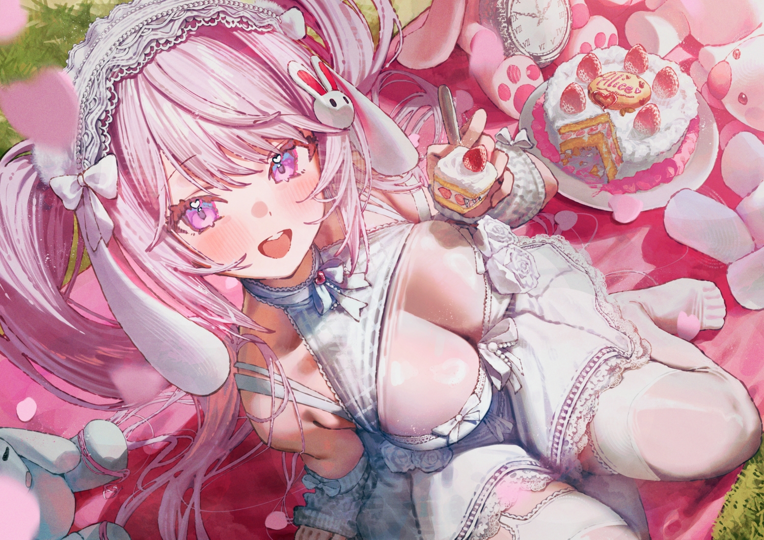 alice_(nikke), animal_ears, betanonbeet, blush, bow, breasts, bunny_ears, cake, choker, cleavage, food, fruit, garter_belt, grass, headdress, long_hair, pink_hair, purple_eyes, ribbons, stockings, strawberry, twintails