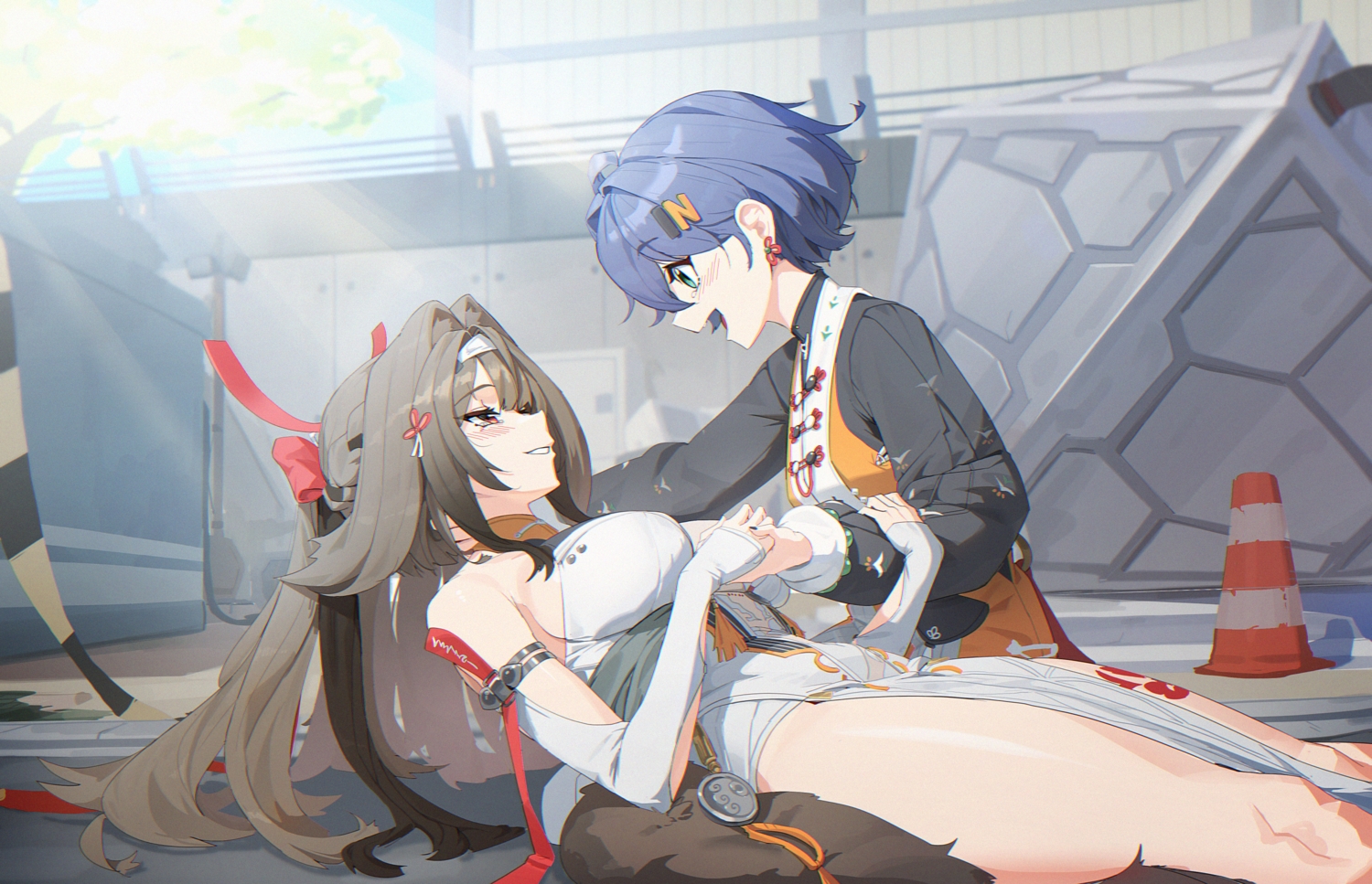 2girls, animal_ears, belle_(zenless_zone_zero), blue_hair, bow, braids, breasts, brown_hair
