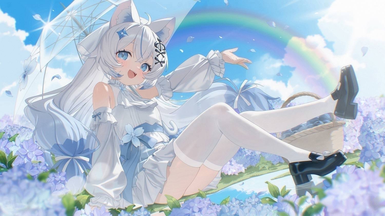 blue_eyes, catgirl, clouds, dress, flowers, food, fruit, gray_hair