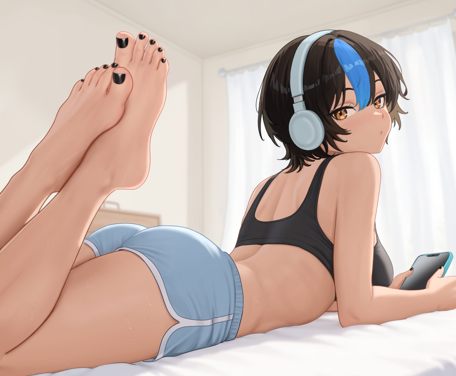 ass, barefoot, bed, black_hair, brown_eyes, headphones, nihu, original, phone, shiragi_(nihu), short_hair, shorts, sports_bra