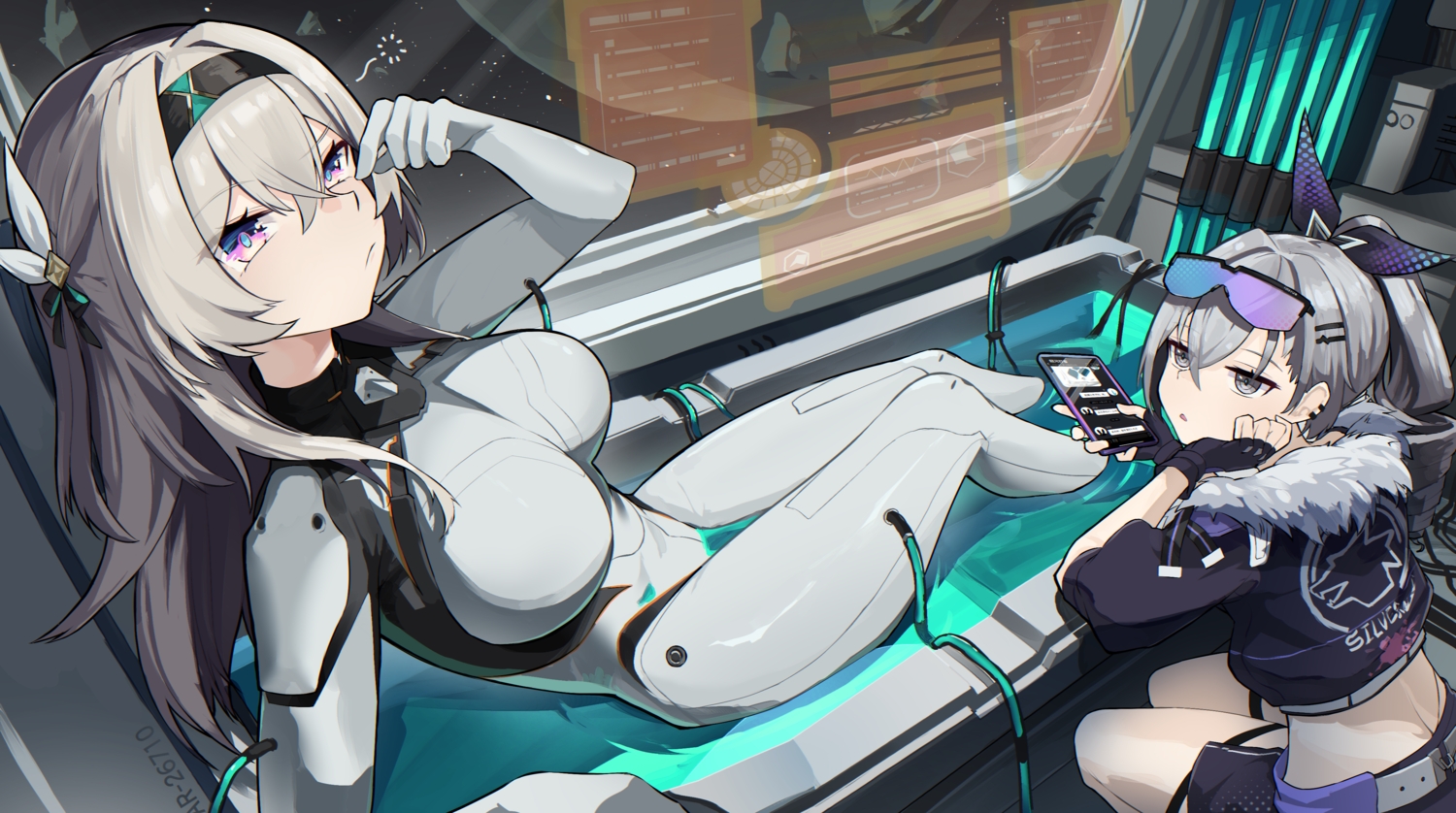 2girls, bodysuit, computer, firefly_(honkai:_star_rail), garter, goggles, gray_eyes, gray_hair, headband, honkai_(series), honkai:_star_rail, long_hair, nanamilem, phone, ponytail, purple_eyes, silver_wolf_(honkai:_star_rail)