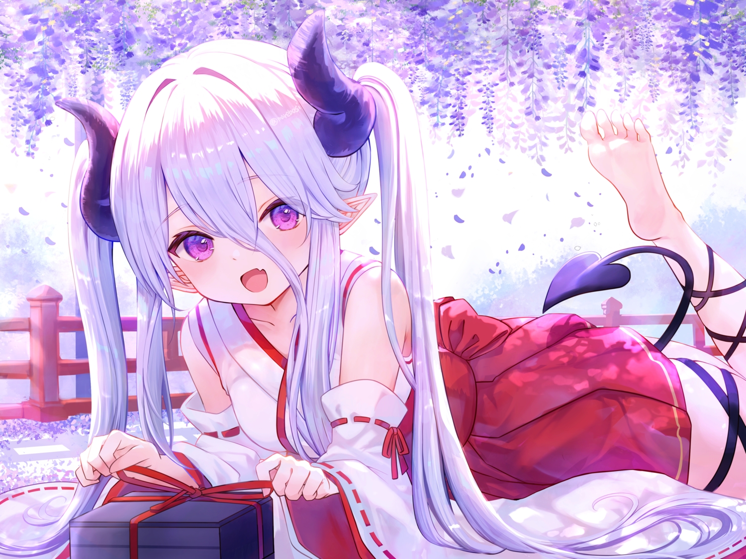 barefoot, bow, demon, fang, flowers, garter, horns, japanese_clothes