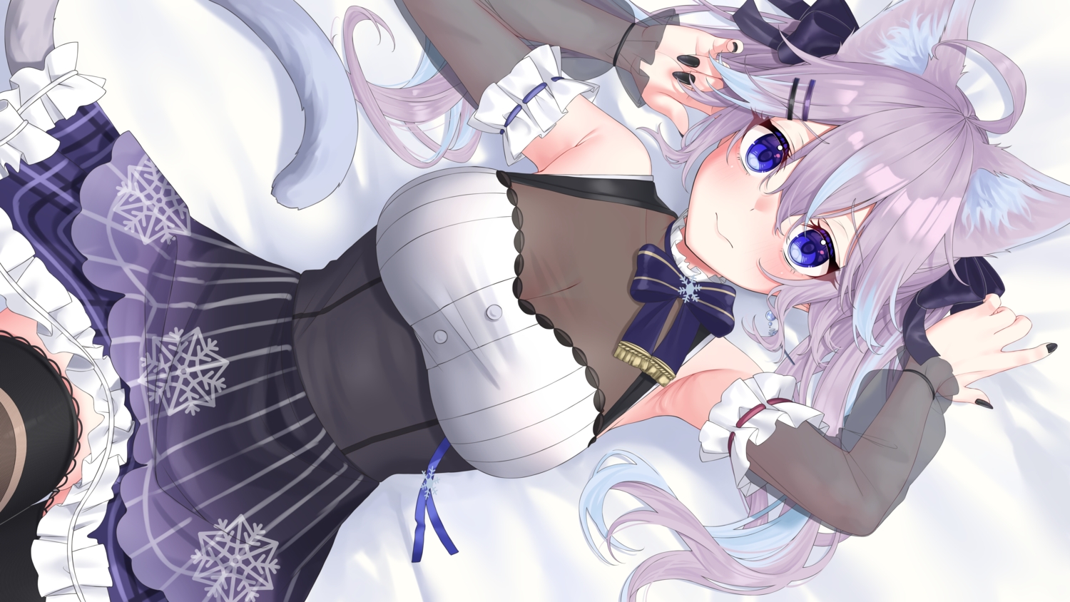 animal_ears, blue_eyes, blush, bora_nun, bow, breasts, catgirl, cleavage