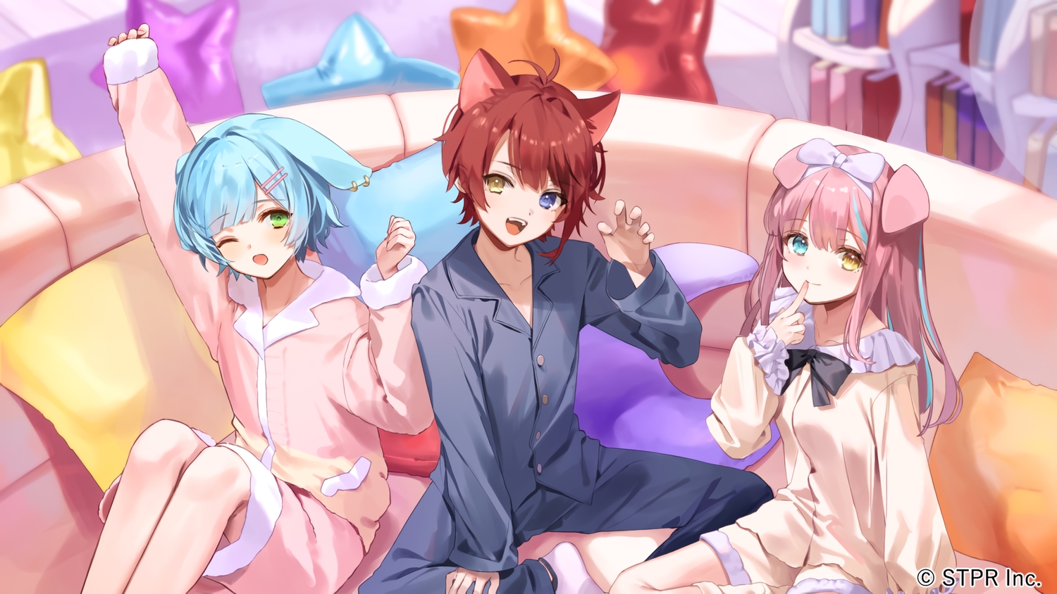 aqua_hair, bicolored_eyes, book, bow, couch, doggirl, green_eyes, headband