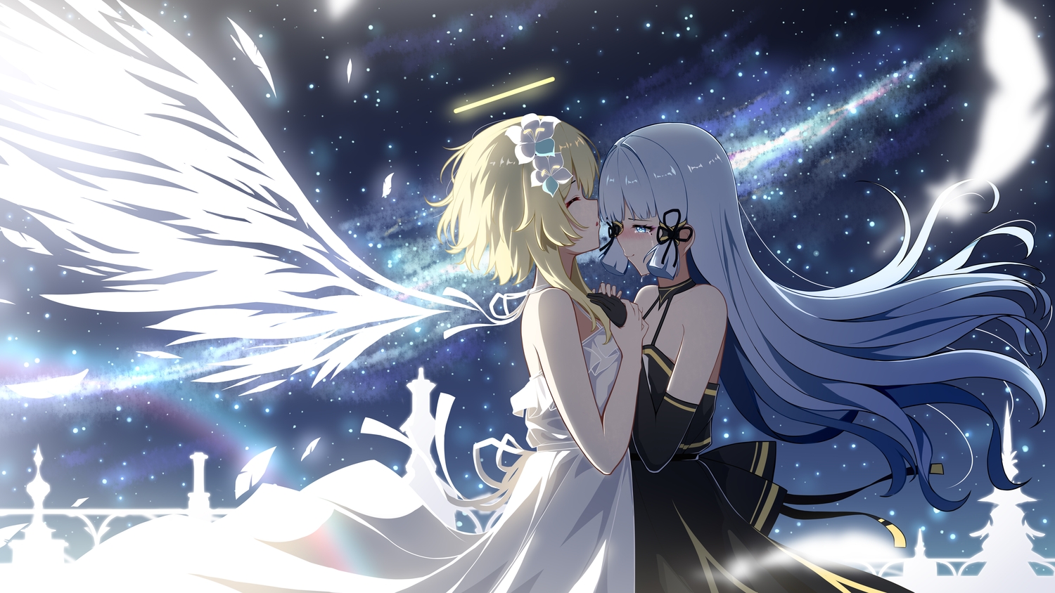 2girls, angel, blonde_hair, blue_eyes, blush, bow, choker, crying, dress, feathers, genshin_impact, gloves, gray_hair, halo, kamisato_ayaka, long_hair, lumine_(genshin_impact), mxirony, short_hair, shoujo_ai, stars, summer_dress, tears, wings