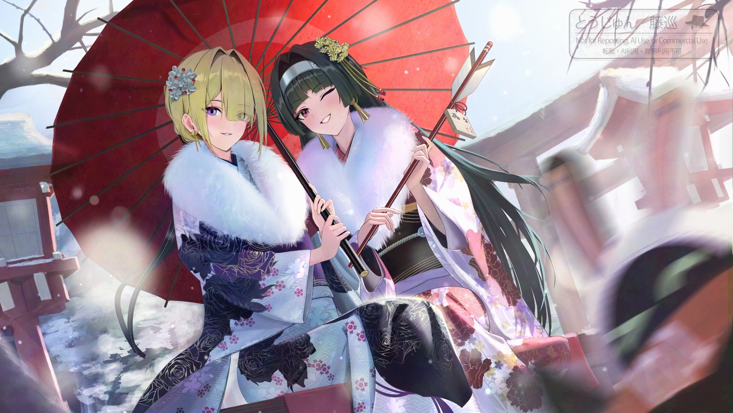 2girls, aliasing, astra_yao, black_hair, blonde_hair, evelyn_chevalier, japanese_clothes, kimono