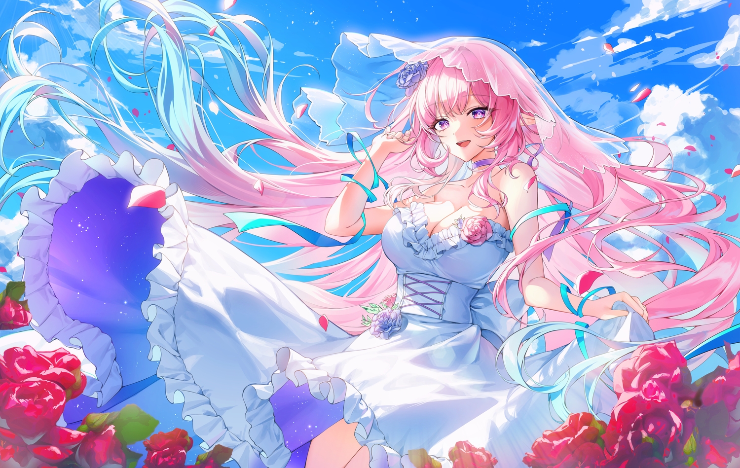 breasts, choker, cleavage, clouds, cyrene_(honkai:_star_rail), dress, flowers, headdress, honkai_(series), honkai:_star_rail, long_hair, petals, pink_hair, pointed_ears, purple_eyes, ribbons, sky, soymilk_arts2