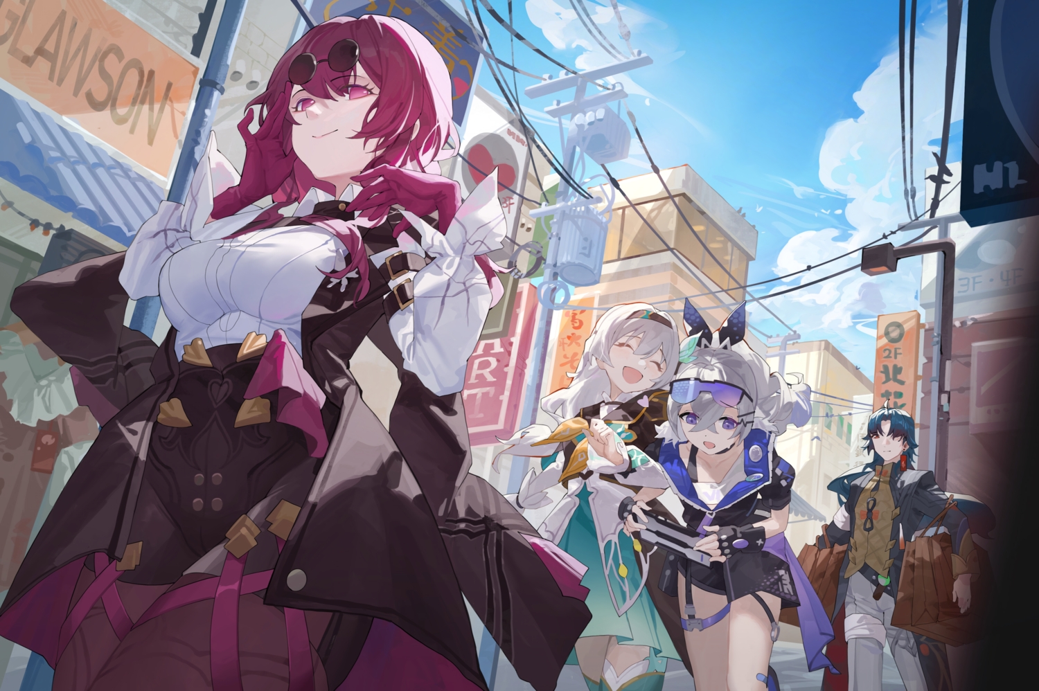 blade_(honkai:_star_rail), building, choker, city, clouds, dress, firefly_(honkai:_star_rail), garter