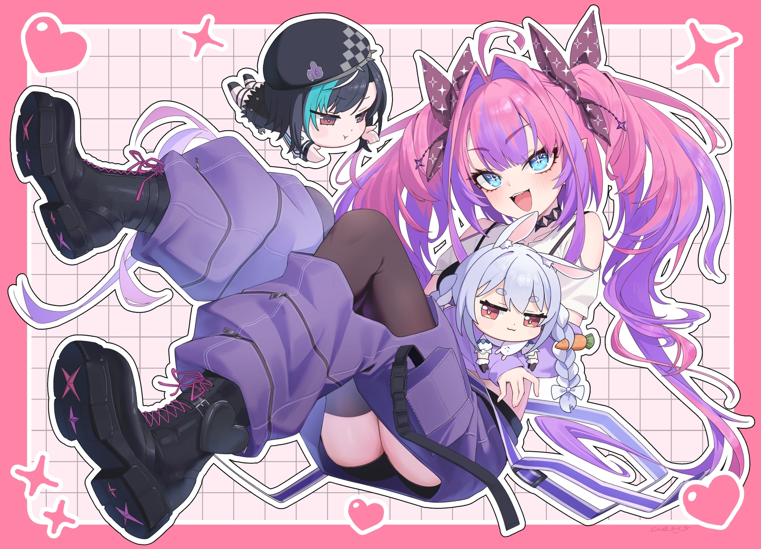 ai_(u_e_o_o), aliasing, animal_ears, bike_shorts, black_hair, blue_eyes, blue_hair, blush