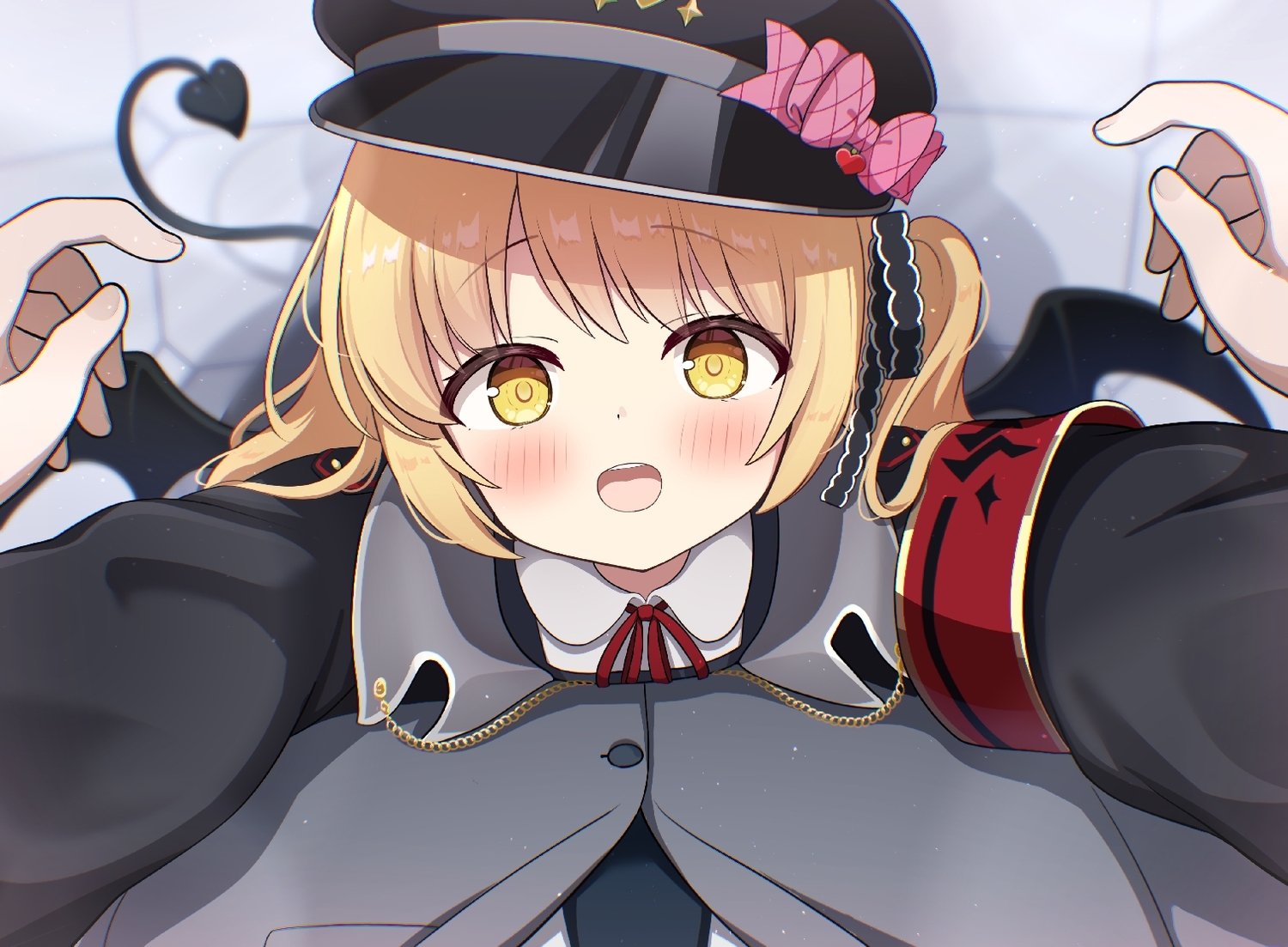 aliasing, blonde_hair, blue_archive, blush, bow, close, hat, hug, loli, ponytail, school_uniform, sensei_(blue_archive), tail, tanga_ibuki, wings, yellow_eyes, yuchiberu