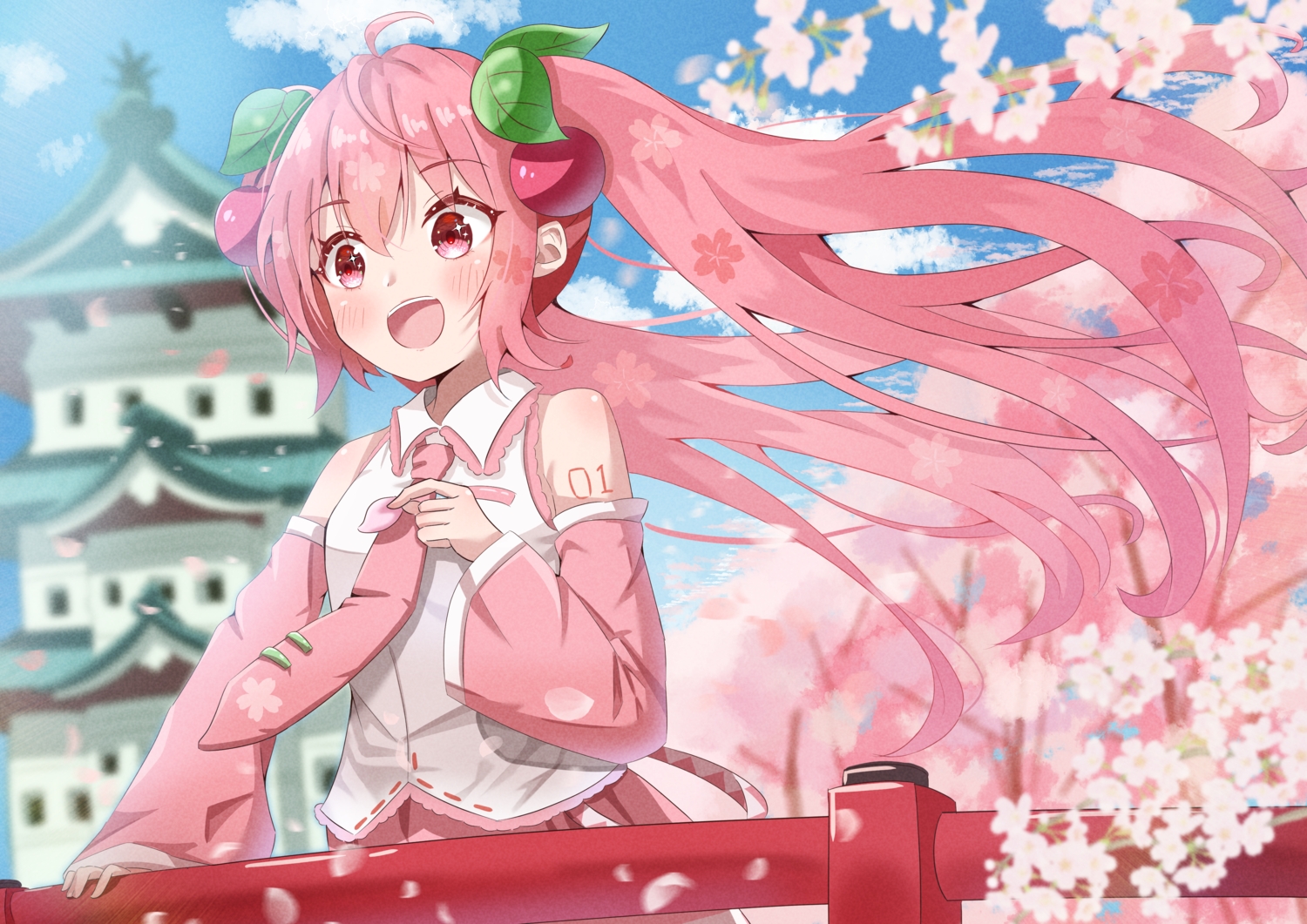 blush, building, cherry_blossoms, clouds, flowers, hatsune_miku, long_hair, mikumiku37