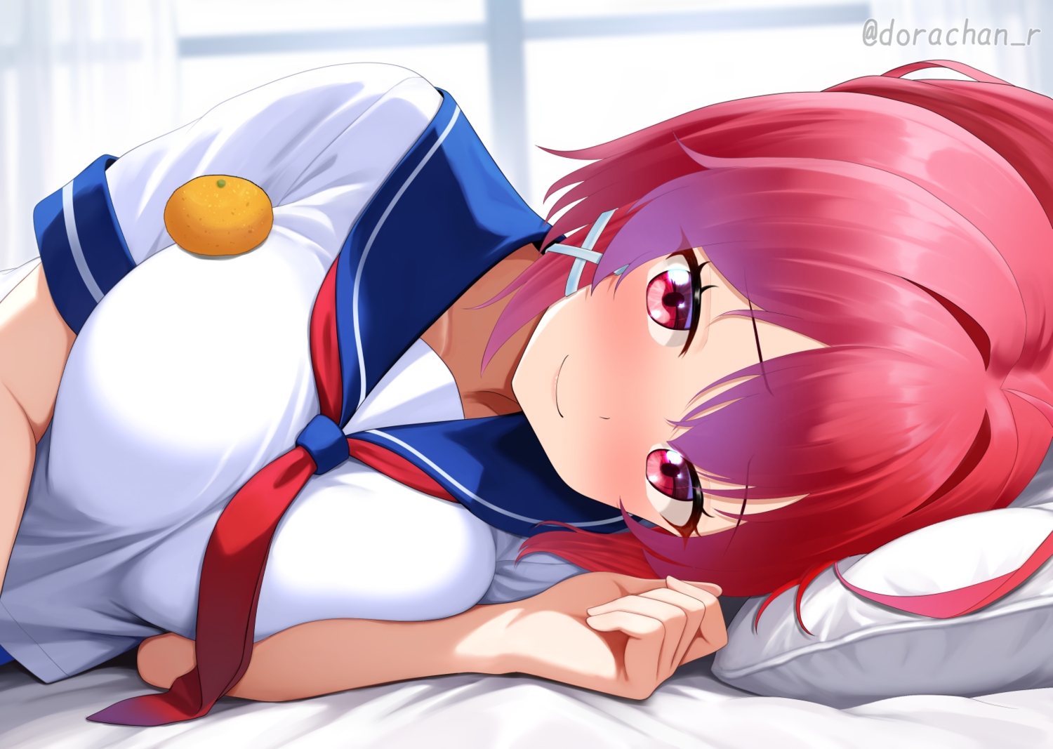 anthropomorphism, bed, breasts, close, dorachan_r, food, fruit, i-168_(kancolle), kantai_collection, orange_(fruit), red_eyes, red_hair, school_uniform, watermark